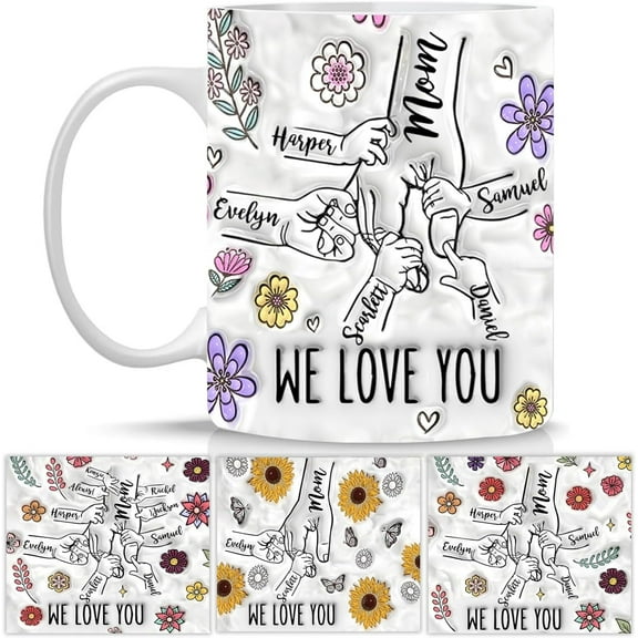 Custom Mothers Day Gifts For Mom, Personalized Mom Coffee Mug You Hold Our Hands Mug, Mom Birthday Gifts From Daughter Son, Mom Ceramic Cup, Up to 9 Names 11 or 15 Oz