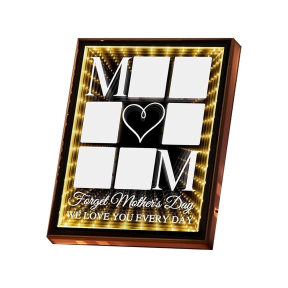 Custom Mothers Day Mirror Light for Mom, LED Mirror Tunnel Picture Frame with Photo, We Love You Every Day Light Up Picture Frame, Custom Text LED Night Light with USB Powered Wooden Frame