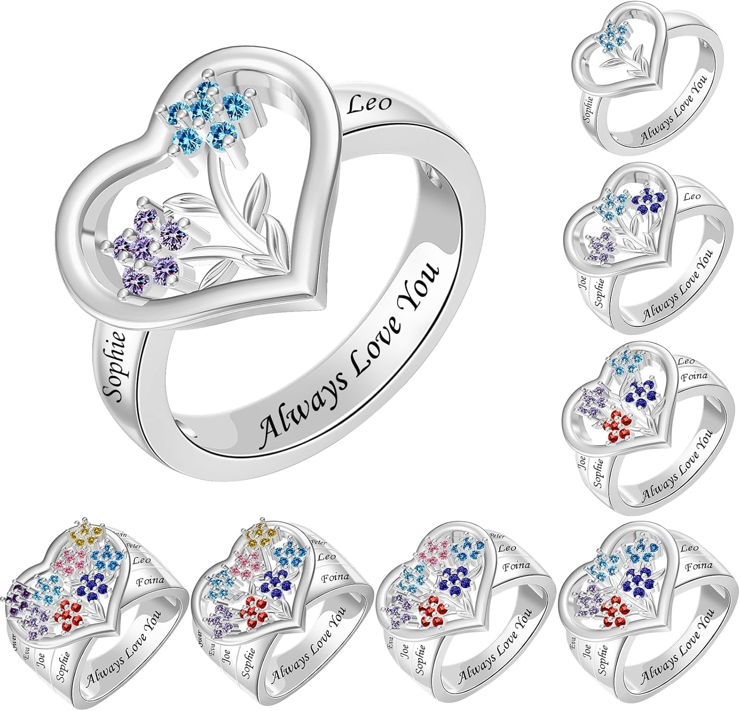 BAUMA AUTO Personalized Mother's Ring With Birthstones - Engraved "Always Love You", 1-8 Stones, Gift For Mom - View #4