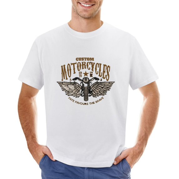 Custom Motorcycles. Winged Motorbike Vintage T-shirt Mens Cotton Classic Crewneck Short Sleeve Tees Unisex White 5XL