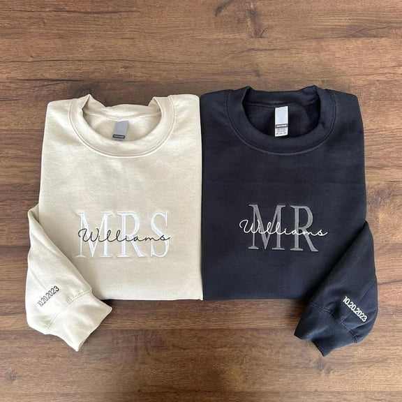 Custom Mrs. Embroidered Sweatshirt, Date On Sleeve, Unisex Sweatshirt-LINHKHA