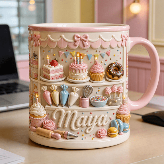 Custom Mug, 2D Printed 3D Effect, Personalized Mug, Pink Bakery Shop Mug, Custom Name Cup, Sweet Dessert Display Mug, Cupcake Cake Donut Mug, Pastry Chef Gift, Baking Lover Kitchen Deco Gift