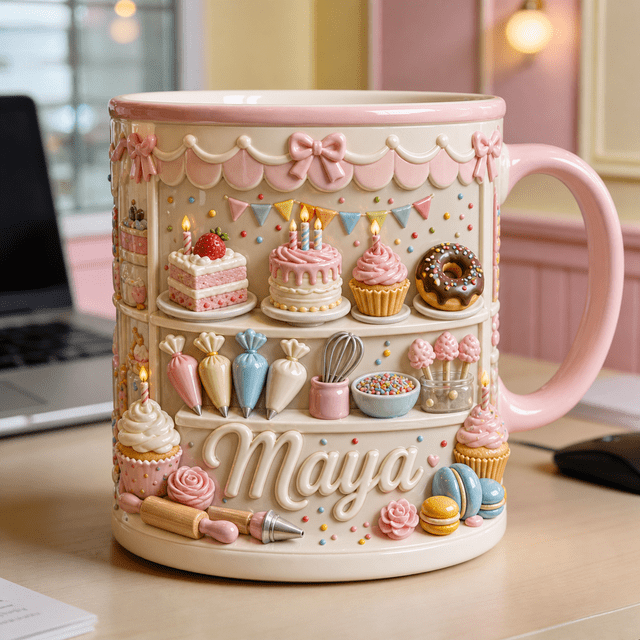 Cosyom Name Custom Mug, 2D Printed 3D Effect, Personalized Mug, Pink Bakery Shop ...