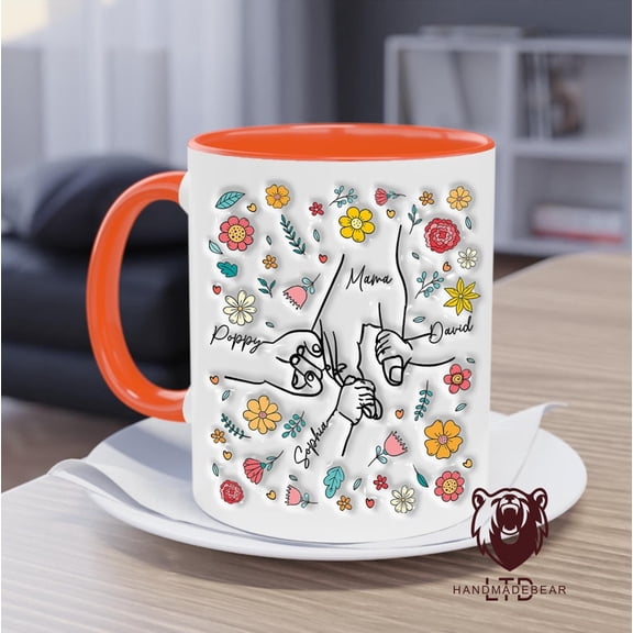 Custom Mug featuring a 3D Style Inflated Effect Holding Mom's Hand, Holding Kids Hands Mom Mug, Grandma Gift, Custom Mom Gift, Nana Gift