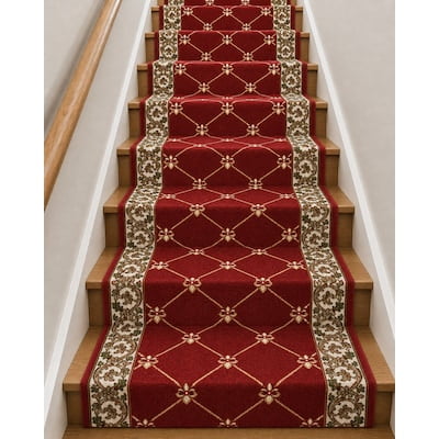 Custom Multi Size Stair/Hallway Runner Non-Slip Rug 26 & 31 inches wide Floral Border Design Red Color
