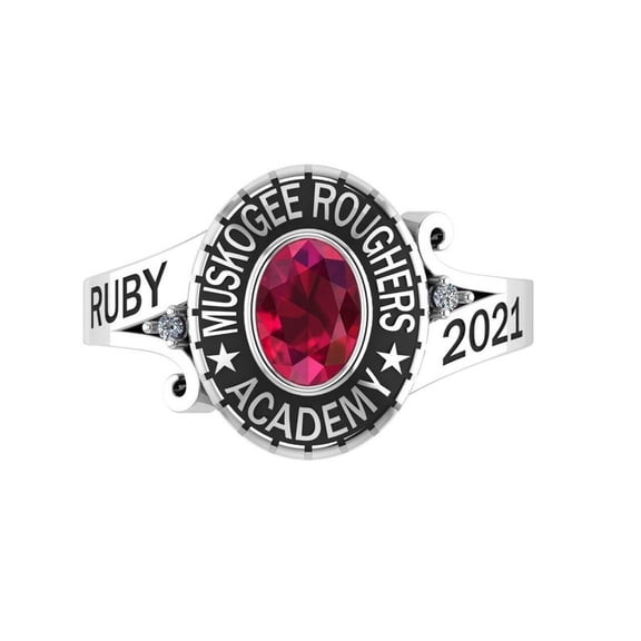 Custom Muskogee Roughers Academy School Ring Personalized High School Name Year Inside Engraving with Oval Red Stone Centerpiece 925 Sterling Silver