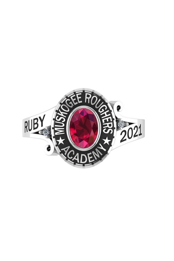 Custom Muskogee Roughers Academy School Ring Personalized High School Name Year Inside Engraving with Oval Red Stone Centerpiece 925 Sterling Silver