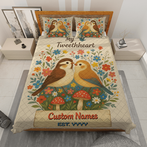 Custom "My Tweetheart" Quilt Bedding Set Floral Design – Personalized Quilt Bed Set Couples