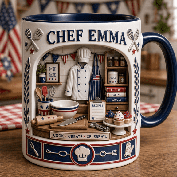 Custom Name 4th of July Chef Mug 3D Effect Personalized Patriotic Kitchen Gift