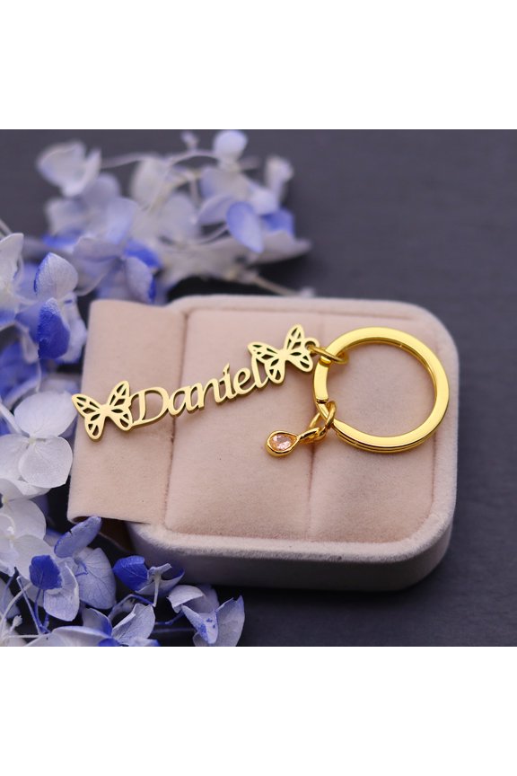 Custom Name A-Z Letters Birthstone Butterfly Keyring Customized Animal Nameplate Stainless Steel Jewelry Key Chain Birthday Gift