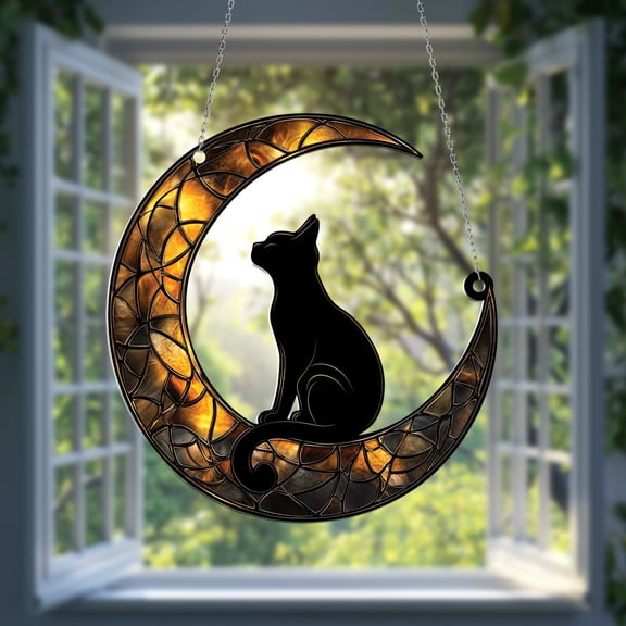 Custom Name Acrylic Cat on Moon Suncatcher, Colorful Car Hanging Ornament, Unique Gift for Cat Lovers, Personalized Spring Decor, Perfect Window Decoration