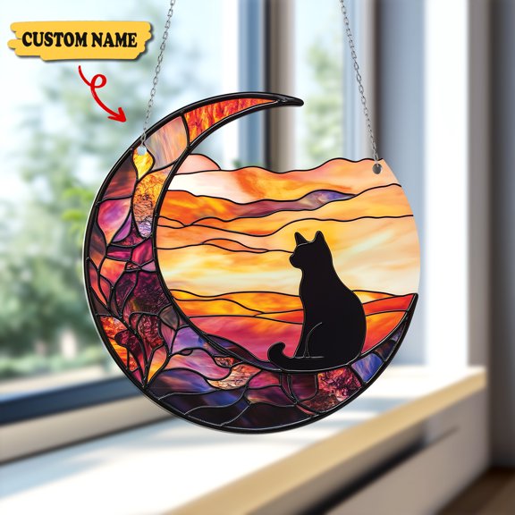 Custom Name Acrylic Cat on Moon Suncatcher, Colorful Car Hanging Ornament, Unique Gift for Cat Lovers, Personalized Spring Decor, Perfect Window Decoration