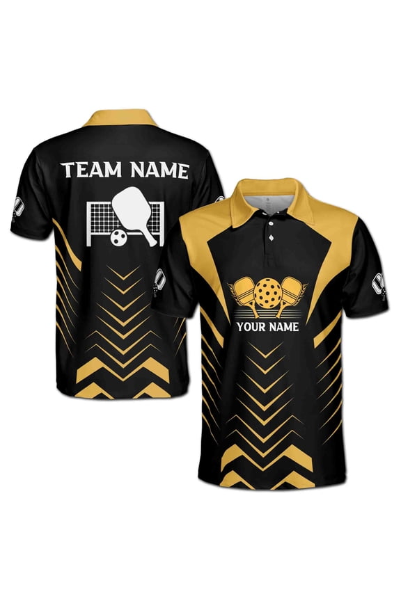 Custom Name Addicted Pickleball Team Yellow and Black Men's Polo Shirt S-5XL