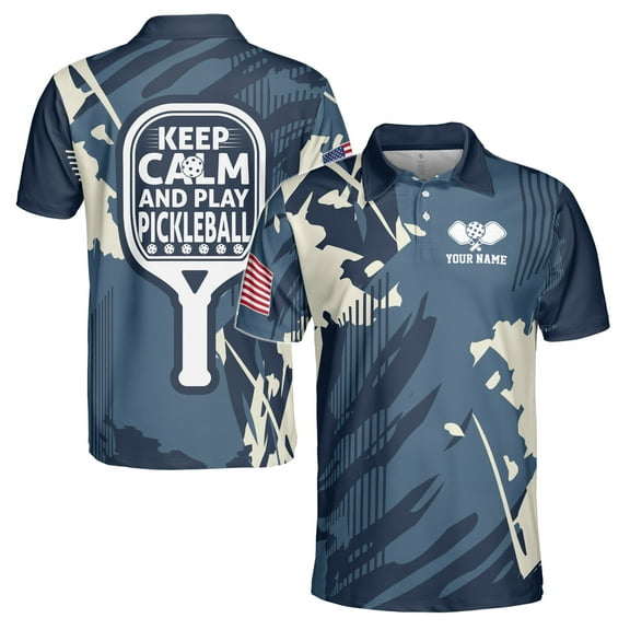 Custom Name America Camo Blue Keep Calm And Play Pickleball Men's Polo Shirt S-5XL