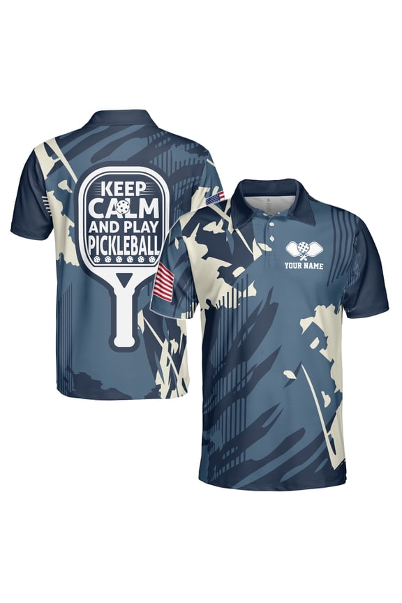 Custom Name America Camo Blue Keep Calm And Play Pickleball Men's Polo Shirt S-5XL