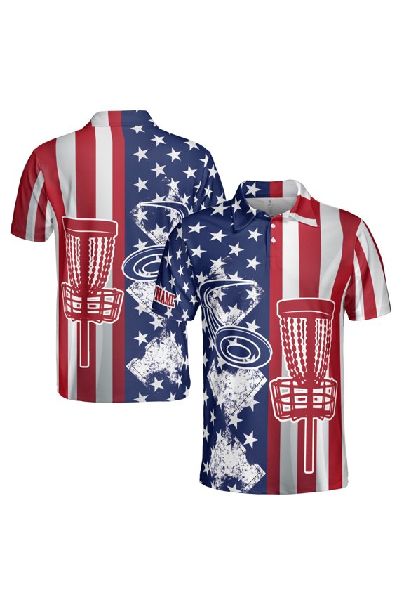 Custom Name America Flag Pattern Play Disc Golf Men's Polo Shirt S-5XL