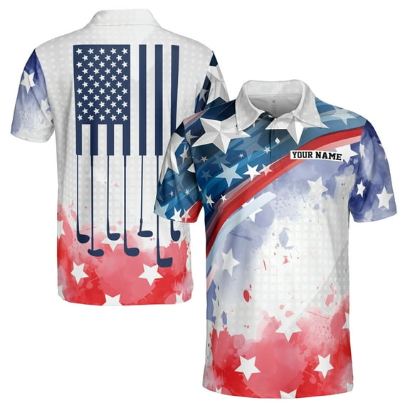 Custom Name American Flag Watercolor Play Golf Men's Polo Shirt S-5XL
