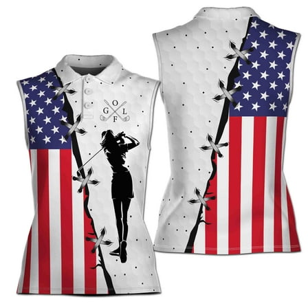 Custom Name American Lady Golfing USA Flag Golf Women Sleeveless Polo XS-4XL
