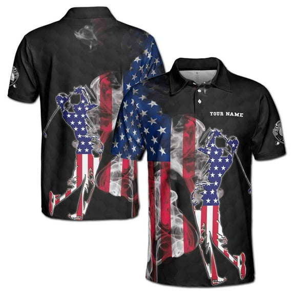 Custom Name American Smoke Flag Golfer Silhouette Men's Polo Shirt S-5XL
