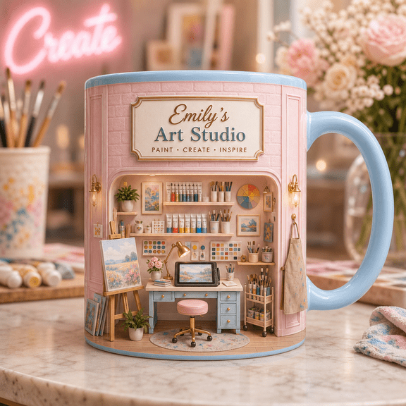 Custom Name Artist Mug, Personalized 3D Effect Art Studio Mug for Creatives