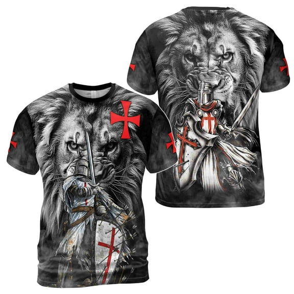 Custom Name August Lion Behind Knight Templar Grunge Men's T-shirt S-5XL