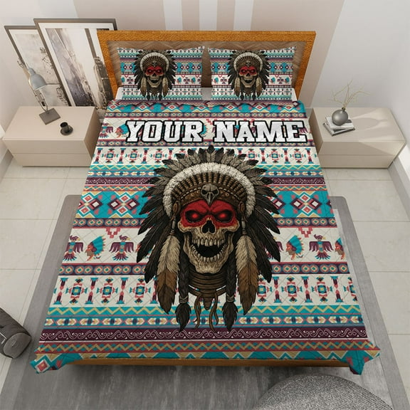 Custom Name Aztec Tribal Skull Quilt Bedding Set - Personalized Headdress Quilt Blanket & Pillowcases, Boho Pattern Quilt Set for personalized Bedroom Décor