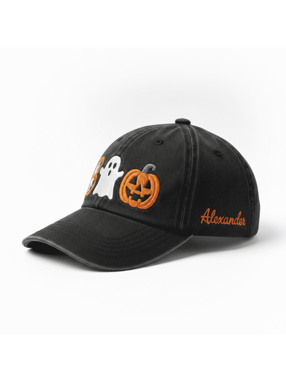 Custom Name BOO Halloween Embroidered Hat, Personalized Ghost Pumpkin Spider Web Baseball Cap, Spooky Season Gift
