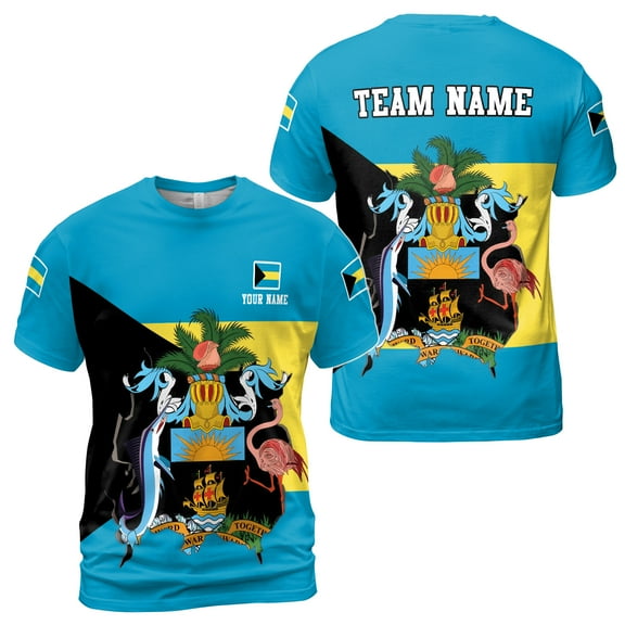 Custom Name Bahamas Flag Coat of Arms Blue Men's T-shirt S-5XL