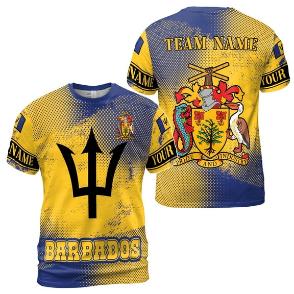 Custom Name Barbados Flag Coat of Arms Blue and Yellow Dotted T-shirt S-5XL
