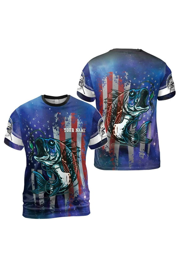 Custom Name Bass Fishing Lover Grunge American Flag Patriotic 3D T-Shirt S-5XL