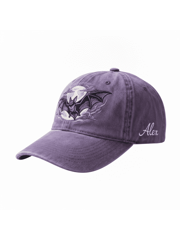Custom Name Bats Howling at the Moon Embroidered Cap, Personalized Gothic Bat Hat, Spooky Halloween Gift