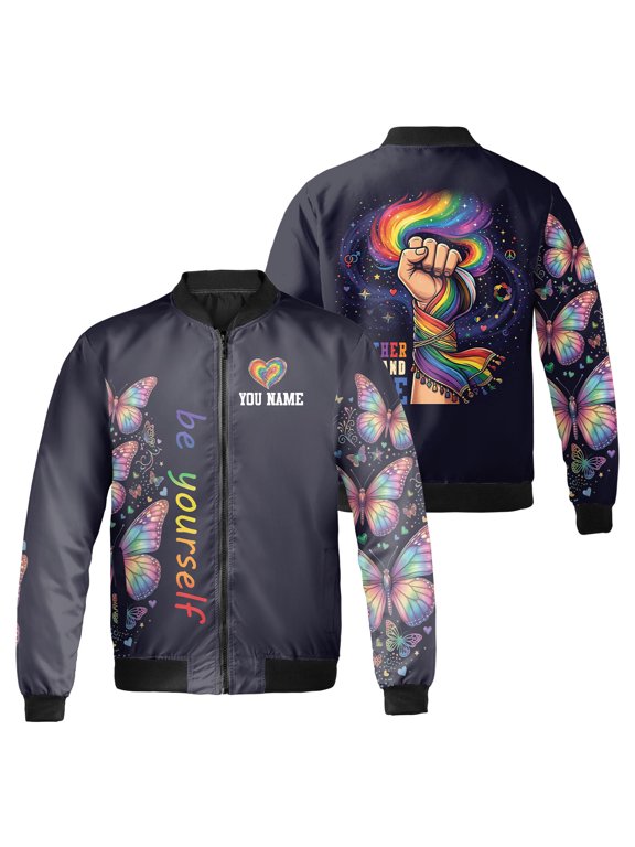 Custom Name Be Yourself Pride Bomber Jacket, Rainbow Butterfly and Fist Graphic, LGBT Pride Month Zip Up Jacket