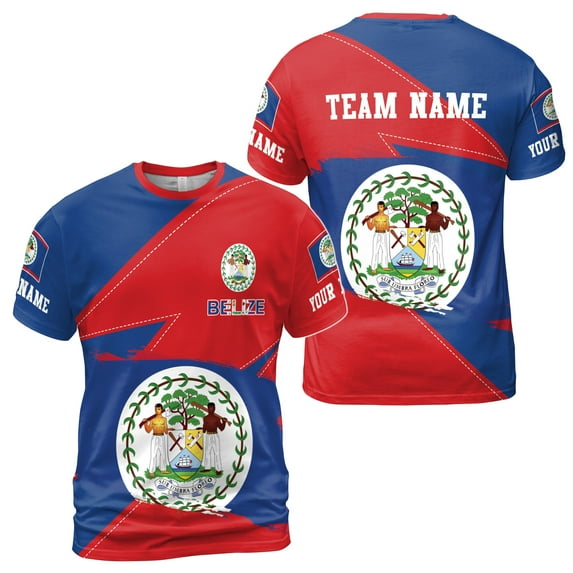 Custom Name Belize Flag Coat Of Arms Patriotic Blue Red T-shirt S-5XL