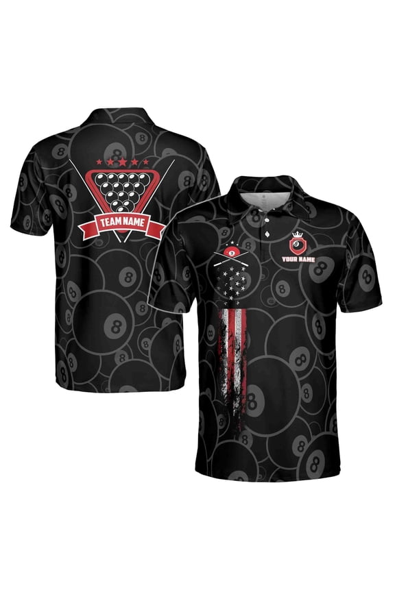 Custom Name Billiards 8-Ball Design Team Name Men's Polo S-5XL