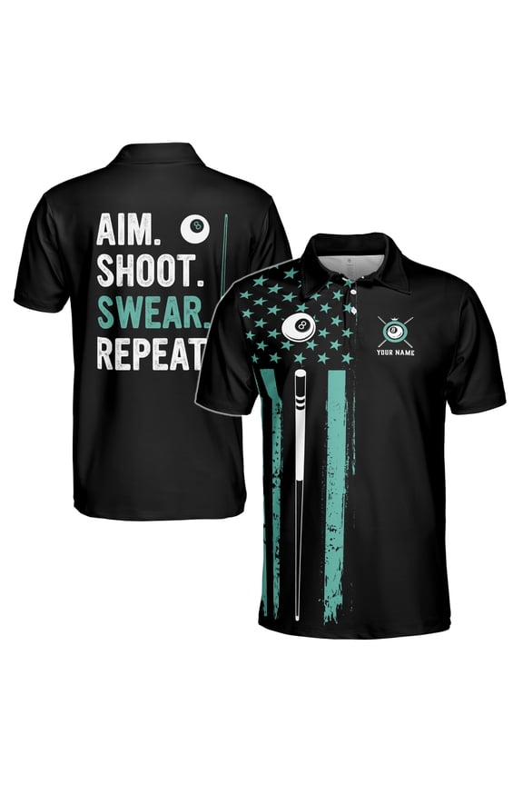 Custom Name Billiards Aim Shoot Swear Repeat 8-Ball Design Men's Polo S-5XL