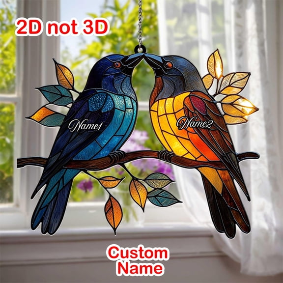 Custom Name Bird Couple Acrylic Suncatcher Faux Stained Window Hanging Gift For Partners