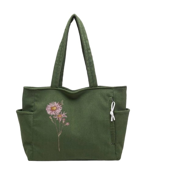 Custom Name Birth Flower Corduroy Tote Bag for Women Large Capacity Shoulder Bag with Zipper and Pockets Suitable for Work Travel Shopping and Daily Life