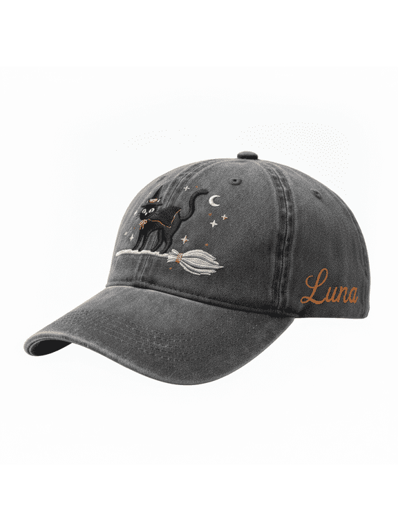 Custom Name Black Cat and Witch Hat Embroidered Washed Cotton Cap, Personalized Gothic One Size Fits Most Gift