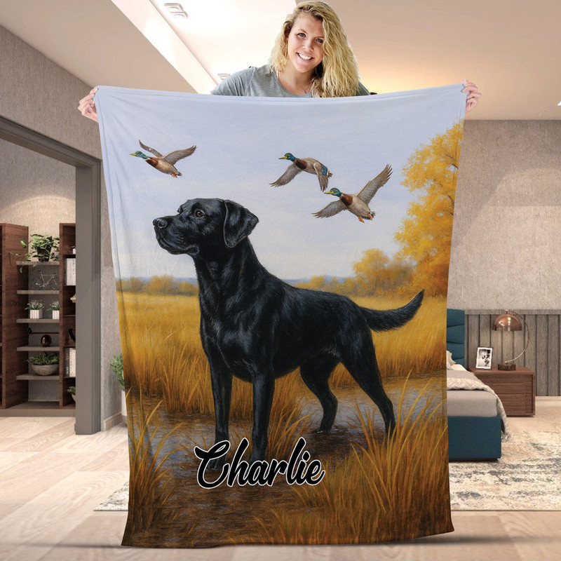Custom Name Black Labrador Hunting Ducks Blanket - Personalized Perfect for Dog Lovers and Pet Owners, Wildlife Art with Ducks Flying, Cozy Throw