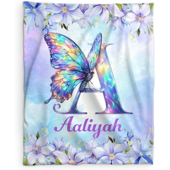 Custom Name Blanket from Your Name, Monogram Blanket for Girls Women, 50 x 40 Inches Soft Purple Flannel Throw Blanket for Kids Butterfly Lovers, Personalized Initial Letter Throws for Sofa Office