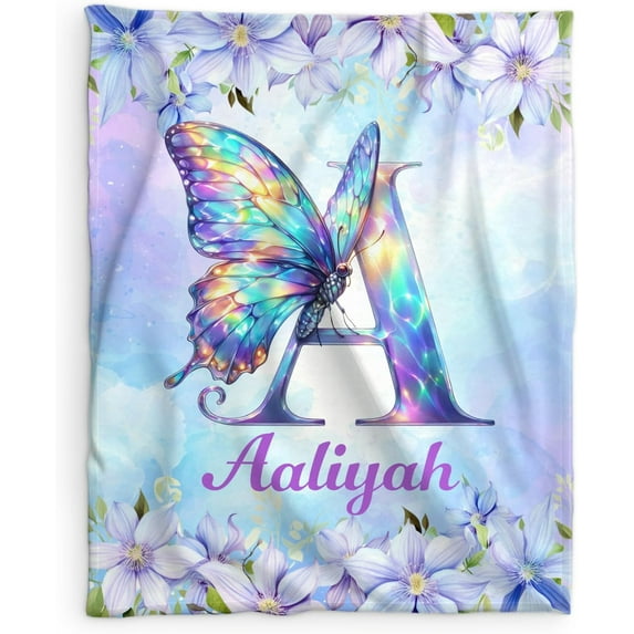 Custom Name Blanket from Your Name, Monogramed Blanket for Girls Women, 60 x 50 Inches Purple Initial Letter Throws, Cozy Flannel Throw Blanket for Kids Butterfly Lovers, for Bed Office, Living room