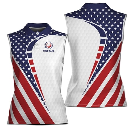 Custom Name Blue Red White America Flag Pattern Women Sleeveless Polo XS-4XL