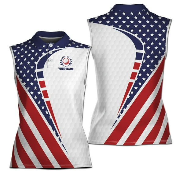 Custom Name Blue Red White America Flag Pattern Women Sleeveless Polo XS-4XL