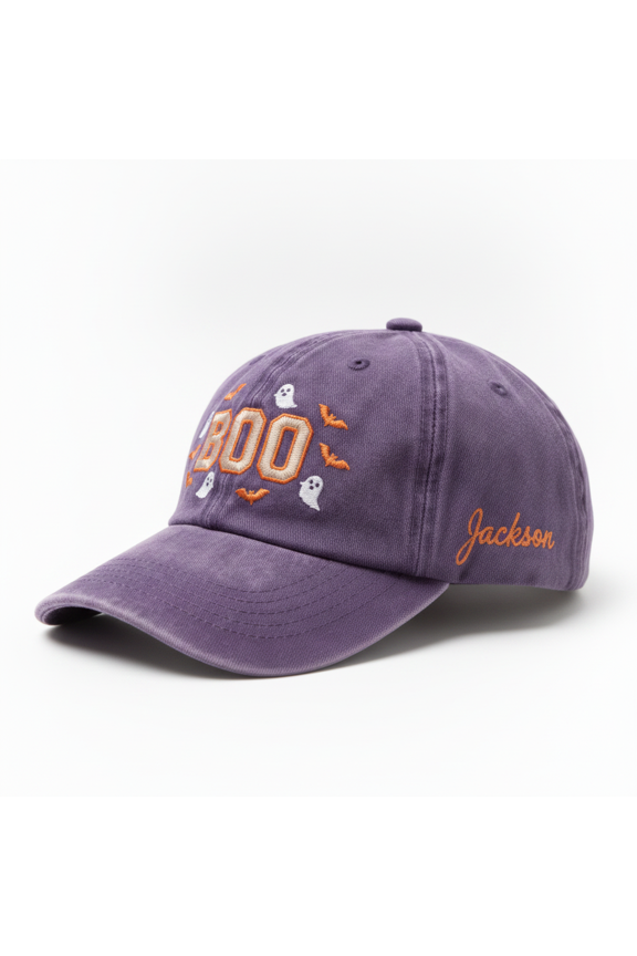 Custom Name Boo Halloween Embroidered Baseball Hat, Personalized Spooky Season Fall Cap, Autumn Gift