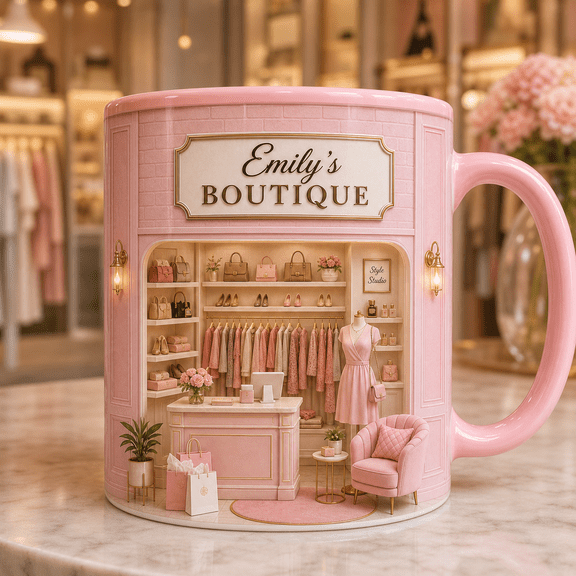 Custom Name Boutique Owner Mug, Personalized 3D Effect Boutique Storefront Gift