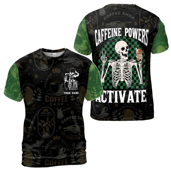 Custom Name Caffeine Powers Skeleton Loves Coffee Men's T-Shirt S-5XL