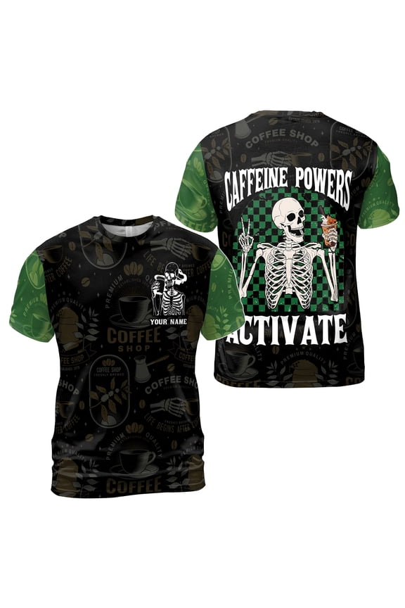 Custom Name Caffeine Powers Skeleton Loves Coffee Men's T-Shirt S-5XL
