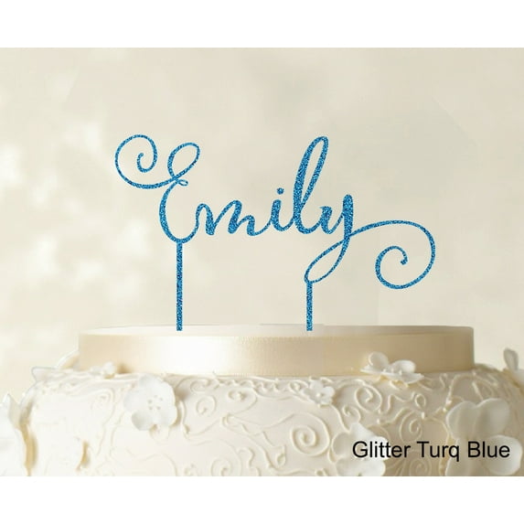"Custom Name Cake Topper Personalized Glitter Turq. Blue Cake Topper Cake Decoration Color Option Available 5""-7"" Inches Wide"