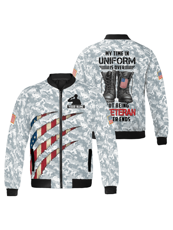 Custom Name Camo Veteran Bomber Jacket – Patriotic Military Apparel, U.S. Army Camo Coat with American Flag & Veteran Quote For Men & Women