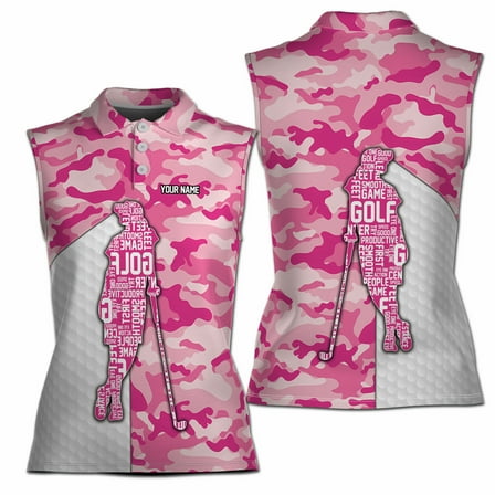 Custom Name Camouflage Pink Lady Golfer Silhouette Women Sleeveless Polo XS-4XL